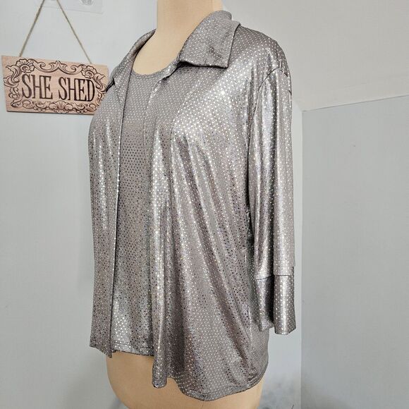 Silver Metallic Button Up Shirt Over Tank Top Womens Medium Holiday Festive - Picture 5 of 11